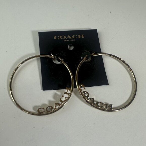 Coach Medium Hoop Earrings Gold Signature Logo Spellout Jewel Rhinestone - Picture 10 of 11
